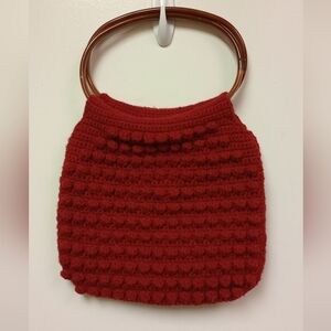 Vintage Handmade Burgundy Crochet  Handbag Boho 60s 70s